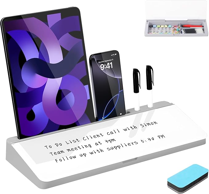 KVY Desk Whiteboard with Storage,Desktop Glass Dry Erase White Board Organizers Supplies with Accessories for Office, Home, School Essentials (Grey)