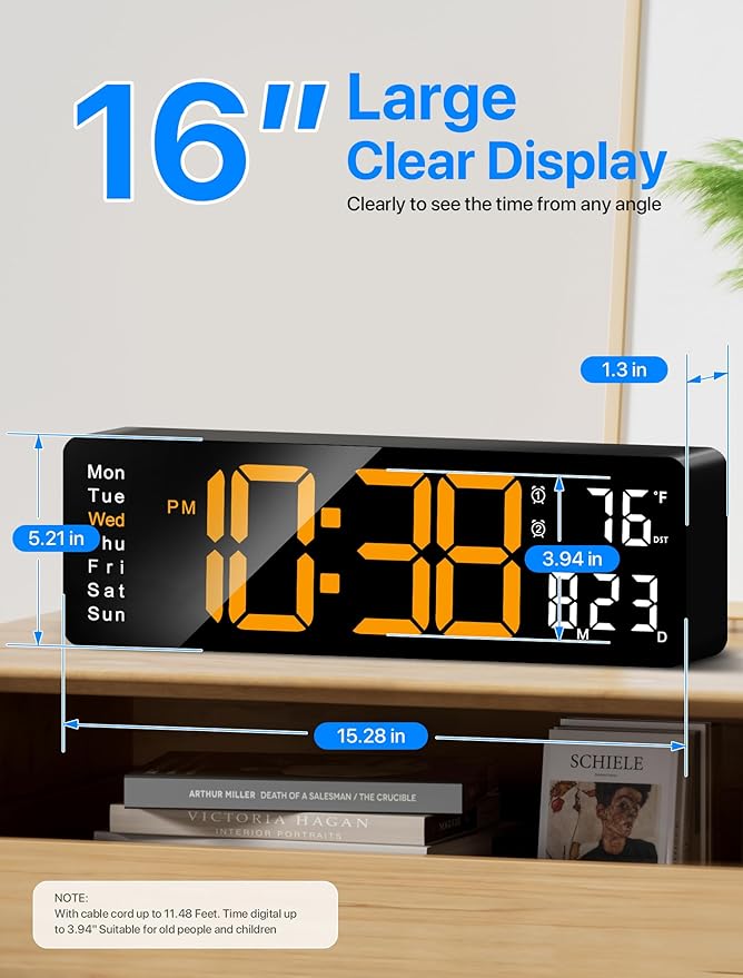 MASHI Digital Wall Clock, 16" Large Display Digital Clock with Remote Control, Auto-Dimming Wall Clock with Night Light, DST, Date Week,Temp for Living Room, Bedroom, Decor, Gift for Elderly