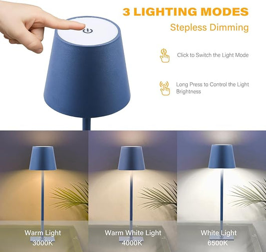 2 Pack Cordless Table Lamps, 3 Colors Stepless Dimming, 5000mAh Rechargeable Battery LED Desk Lamp for Bedroom/Couple Dinner/Desk/Cafe/Dining Room/Terrace
