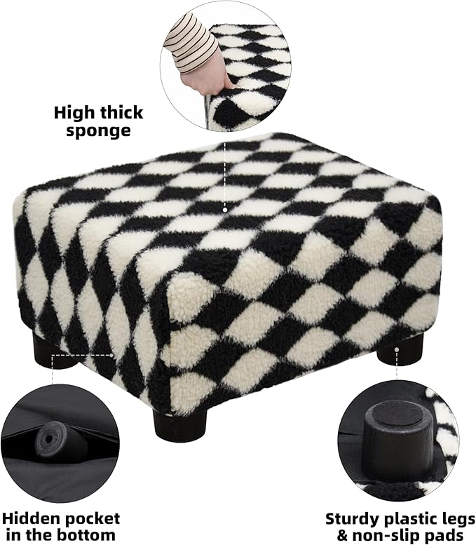 CAROLMADE Small Foot Stool Ottoman Sherpa Footstool with Legs Under Desk Footrest for Living Room Bedroom and Office, Soft Black+White
