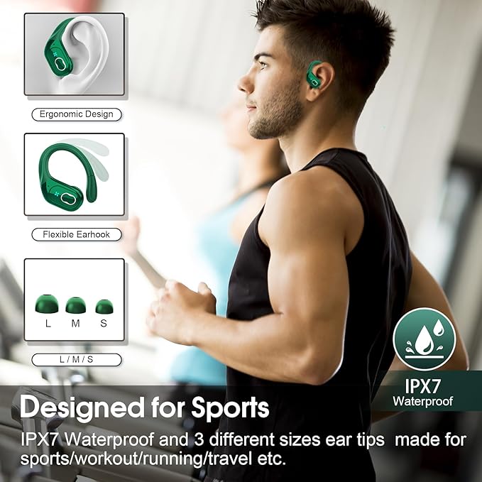 Wireless Earbuds 75hrs Bluetooth 5.4 Headphone Sport, 2025 Bluetooth Earbuds Stereo Deep Bass Over Ear Bud with Earhooks, ENC Noise Cancelling Mic, IPX7 Waterproof Earphone, Dark Green