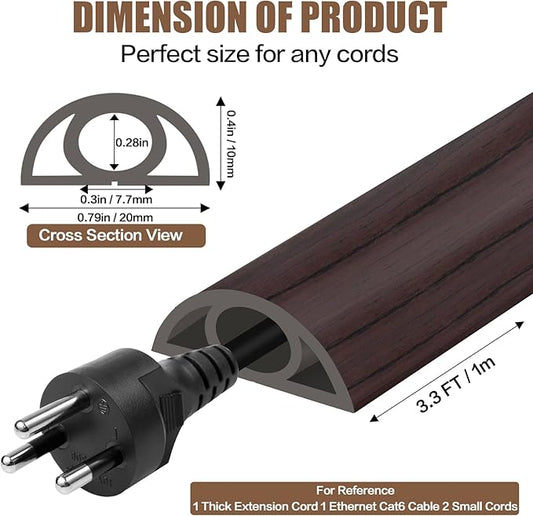 Floor Cord Cover Self Adhesive Cord Hider,3.3FT Cable Management, Extension Strip Protector for Wires, Prevent Cable Trips for Offices, Gyms, Exhibitions Cavity:0.3"(W) x 0.28"(H) Black Wood