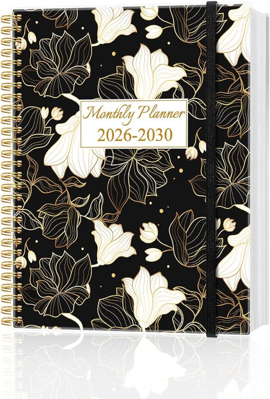 2025-2030 Monthly Planner - 64 Month PLanner Calendar from September 2025 to December 2030, Flexible Cover, Inner Pocket, 8.5" x 11", Perfect for Home | School | Office, White Gold Flower
