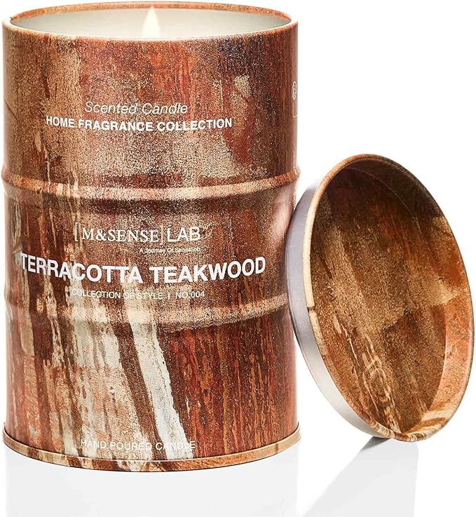 M&SENSE Terracotta Teakwood Scented Candles Natural Non Toxic, Aromatherapy Candle for Stress Relief Meditation Relaxing, Housewarming Gifts for Women Men, 11.3oz 70 Hour Long Burning