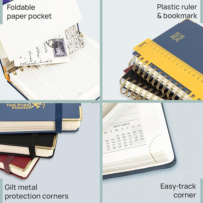 POPRUN Pocket Planner 2025-2026 (Spiral Hardcover - 4''x 6.25''), Daily Weekly and Monthly (July 2025 - June 2026) with Hourly Time Slots, for Purse, 100 GSM - Black