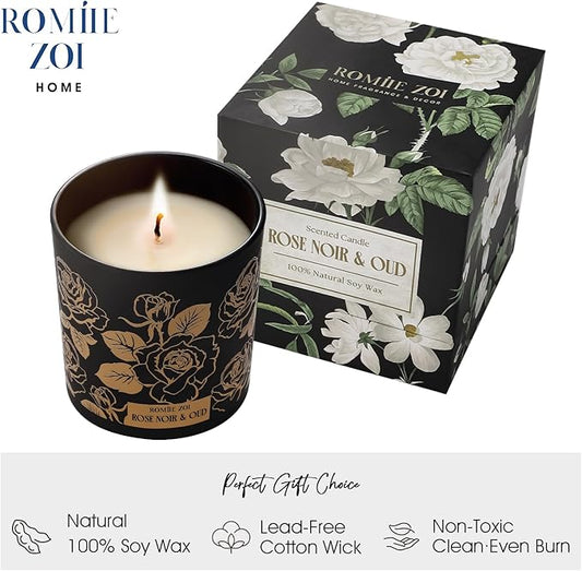 Scented Candle - Rose Noir & Oud- 6oz Aromatherapy Soy Wax Jar Candle for Home, Gifts for Women - 170g