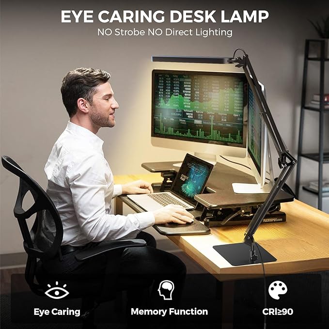 SKYLEO LED Desk Lamp with Slim Base - Adjustable Swing Arm Desk Light, Dimmable, Timer, Eye Protection, Memory Function, 1300LM, 12W, Black