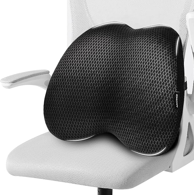 Lumbar Support Pillow Office Chair Car Back Pillow, Ergonomic Lower Back Pain Relief Breathable Air Fiber Cushion for Long Sitting Worker Driver & Handicapped, Adjustable Strap (Black)