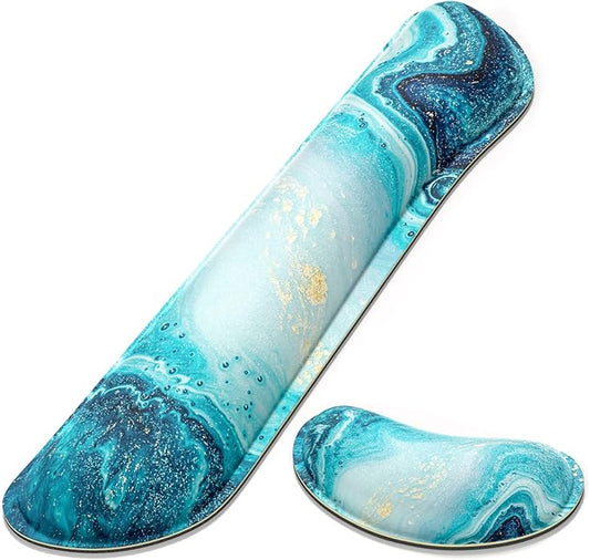 Dapesuom Enlarge Keyboard Wrist Rest, Memory Foam Wrist Cushion for Desk Mats Support, Cute Marble Pain Relief Keyboard Mouse Pad Rests Set with Non-Slip Base for Gaming Laptop Office Computer, Blue