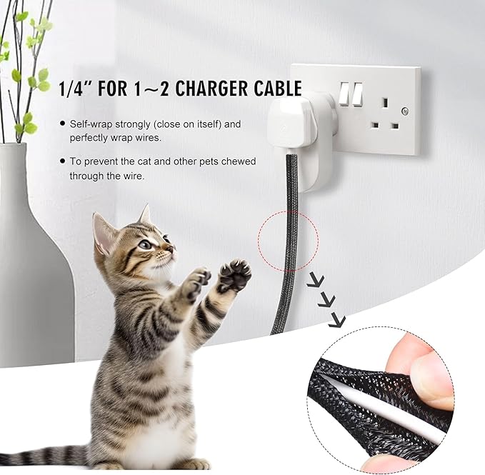 10ft - 1/4 inch Cord Protector Cable Sleeve Split Wire Loom Tubing for Power Cord Audio USB Cable, Cord Sleeve Cable Management for TV Computer, Cord Protectors from Pets Chewing, Black