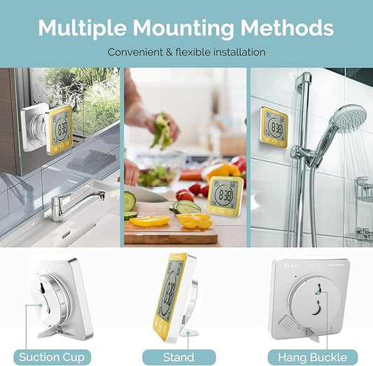 KADAMS Shower Clock Waterproof Bathroom Timer – Digital Wall Clock with Countdown, Magnetic Kitchen Clock with Temperature & Humidity, Suction Cup for Kids Shower Spa Sauna Cook Bath (Yellow)