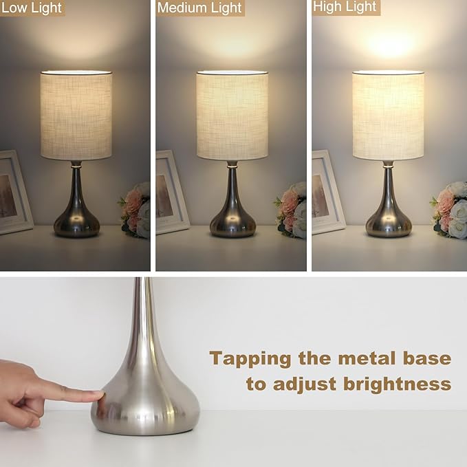 Boncoo Touch Control Table Lamp, 3 Way Dimmable Simple Night Light Lamp with White Lampshade Silver Metal Base, Small Bedside Table Lamp for Bedroom, Office, Dorm, A19 9W 3000K Bulb Included