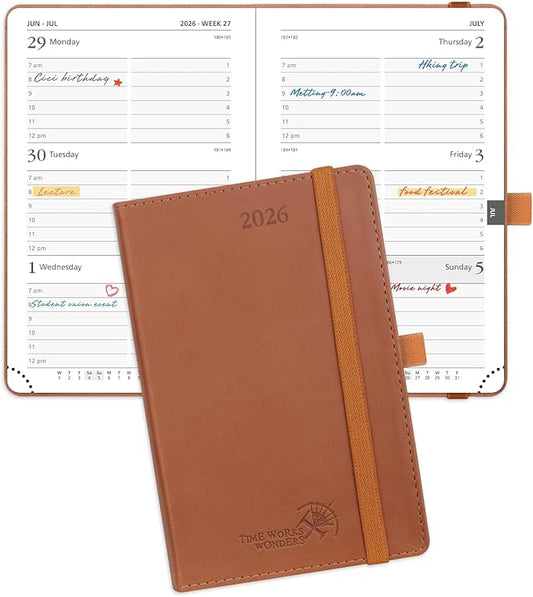 POPRUN Pocket Calendar 2026 (Small Size- 4'' x 6.25") Weekly and Monthly for Purse - Planner 2026 (Jan. 2026 - Dec. 2026) with Vegan Leather Soft Cover, Plastic Ruler, Pen Holder and More - Brown