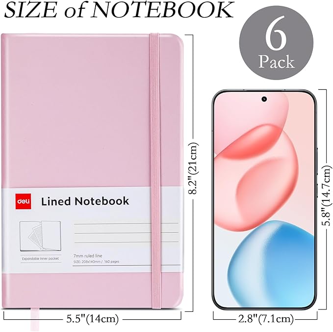 deli 6-Pack Lined Journal Notebook, 160 Pages Hardcover Writing Notebook, A5 (5.5"x8.2") College Ruled Notebook for Office, School, Work Notes