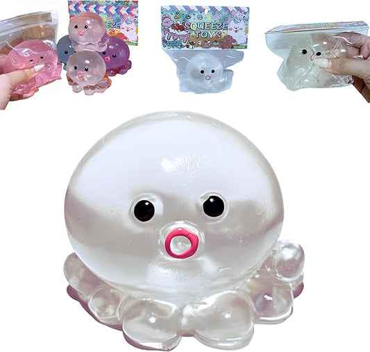 Cute Crystal Octopus Squishy Toys - Upgrade Clear Pink Blue Sequins Octopus Soft Sticky Toys, Animals Sticky Stress Ball, Stress Relief Fidget Sensory Toys, Birthday Office Favors for Adults (White)