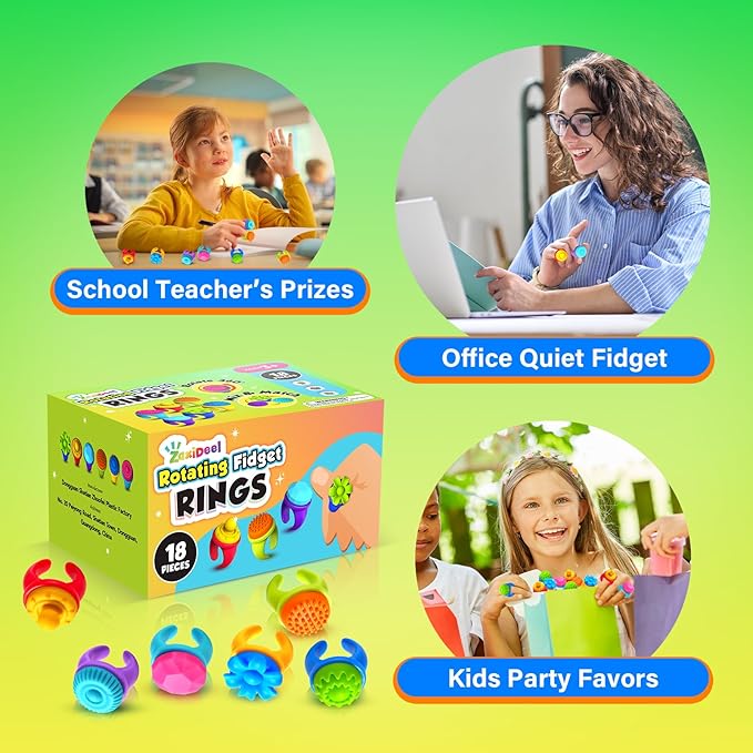 Fidget Rings Sensory Toys for Kids: 18 Pack Fidget Anxiety Spinner Rings- Autism Sensory Toy for Special Needs ADHD- Stress Relief Quiet Fidgets for Classroom- Small Treasure Box Prizes Bulk Gifts