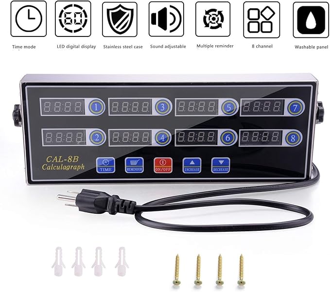 Li Bai Commercial 8 Channels Kitchen Timer Restaurant Cooking Timers 8 Channels Digital Alarm Reminder Multi-Event,Clock Loud Adjustable Clear LED Display, Stainless Steel(Black)