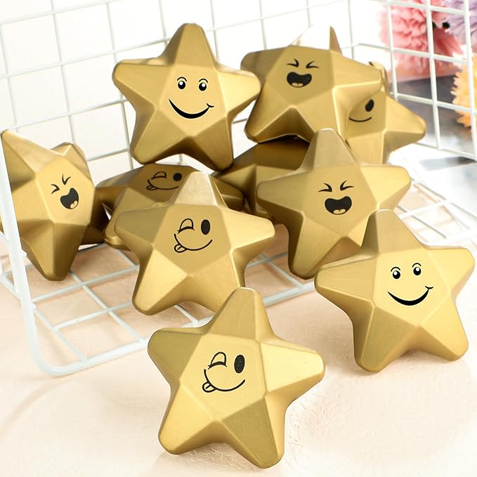 Deekin 24 Pieces 3.1 Inch Star Stress Balls Gold Mini Foam Ball Star Stress Toys Bulk Stress Relief Gifts for Coworkers Adult Goodie Bag Stuffers Teen Party Favors School Office Award(Smile Face)