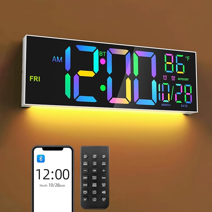 16.5" Large LED Wall Clock with Bluetooth Sync, Night Light, DST, 2 Alarms, RGB Color, Temperature, Remote Control, 12/24H, Timer for Living Room, Bedroom, Desk, Gift for Mother Father Elderly