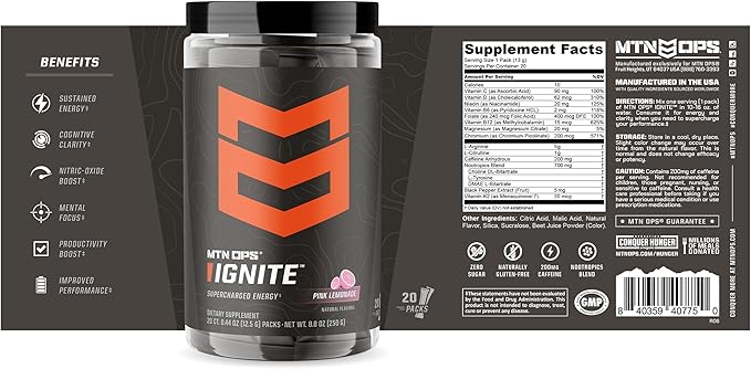 MTN OPS Ignite Trail Packs Energy Drink Powder, Gluten Free Nootropic Supplement Drink Mix, L Arginine, L Citrulline, Caffeine & Nootropic Sugar Free Drink Mix, 20 Servings, Pink Lemonade