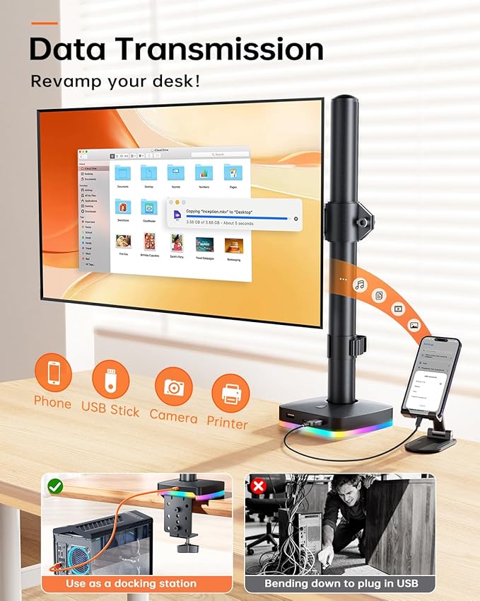 RGB Single Monitor Stand, Monitor Desk Mount Arm up to 17.6lbs Desk Mount with RGB Light Adjustable Heights Angles Arm with RGB USB & USB-C High Speed Data Transfer C-Clamp 75x75/100x100 VESA