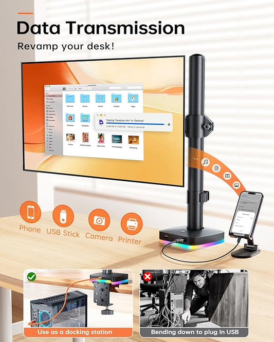 RGB Single Monitor Stand, Monitor Desk Mount Arm up to 17.6lbs Desk Mount with RGB Light Adjustable Heights Angles Arm with RGB USB & USB-C High Speed Data Transfer C-Clamp 75x75/100x100 VESA