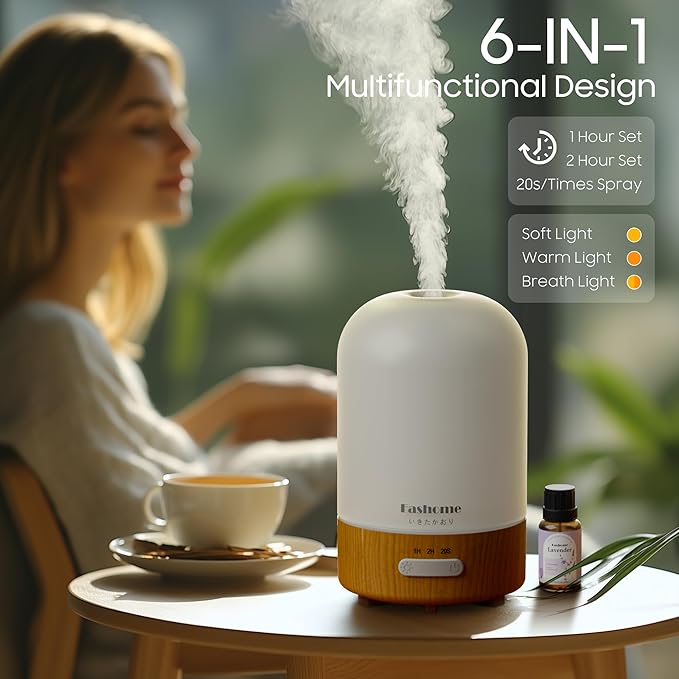 Essential Oil Diffuser, 100ml Ultrasonic Aromatherapy Humidifier, 6 in 1 Quiet Diffuser with Auto Shut-Off Function, Small Essential Oil Vaporizer（White）