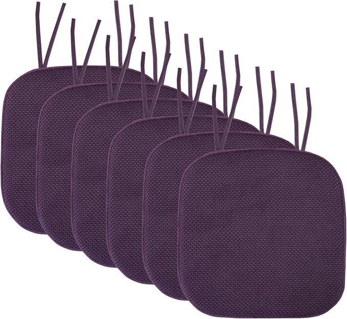 Sweet Home Collection Chair Cushion Memory Foam Pads with Ties Honeycomb Pattern Slip Non Skid Rubber Back Rounded Square 16" x 16" Seat Cover, 6 Pack, Eggplant Purple 6 Pack