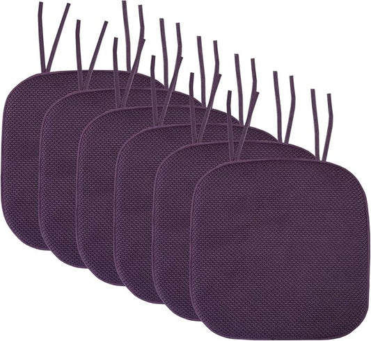 Sweet Home Collection Chair Cushion Memory Foam Pads with Ties Honeycomb Pattern Slip Non Skid Rubber Back Rounded Square 16" x 16" Seat Cover, 6 Pack, Eggplant Purple 6 Pack