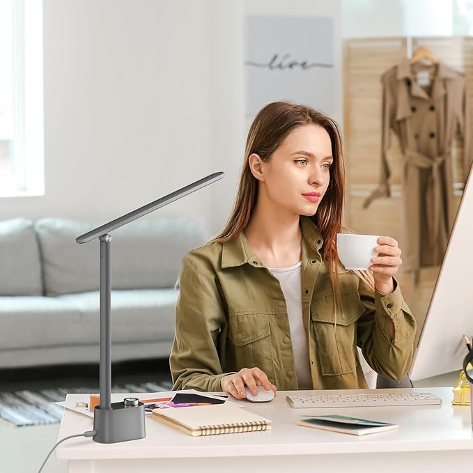 Honeywell Upgraded LED Desk Lamp - H01 Pro Sunturalux™ Foldable Desk Light with USB A+C Charging Port, 3 Color Modes Dimmable Table Lamp for Home Office Reading(Grey)