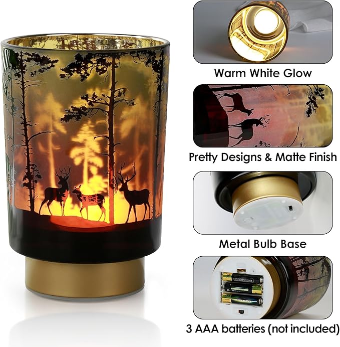 Eywamage Battery Operated Table Lamp with Remote, Forest Deer Cordless Glass Lamp for Bedroom Living Room Kitchen