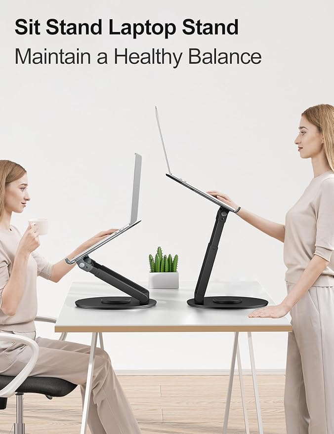 tounee Telescopic Laptop Stand for Desk with 360° Swivel Base, Sit to Stand, Height Adjustable, Portable Riser Holder for Good Posture, Compatible with MacBook Pro, All Laptops 10-17" - Black