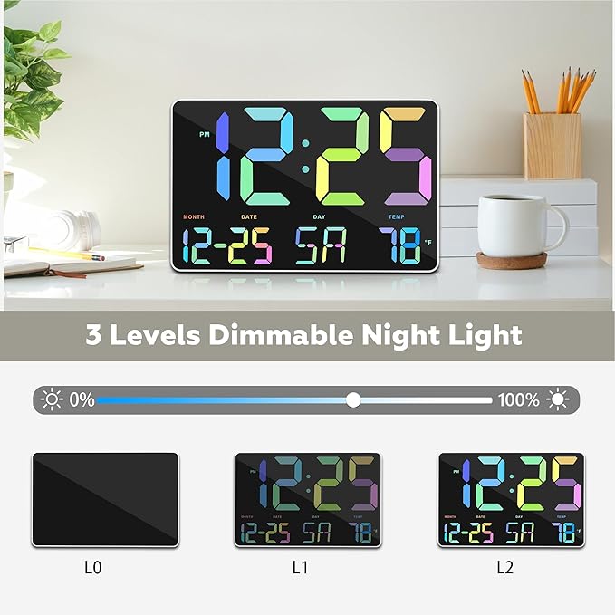 Amgico RGB Digital Alarm Clock with Snooze,Temperature,Auto Dimming,11.5" Large Display Calendar,Desk/Wall Clock for Bedroom,Living Room,Office,Home,Classroom,Kids,Elderly