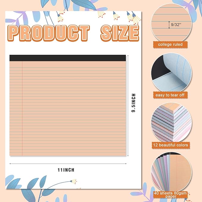 Lincia 12 Pcs 11" x 9.5" Legal Pads College Ruled Notepad Landscape Notebook Horizontal Lined Notebook 80 Gsm Assorted Colors Paper Pastel Writing Pads for School Office, 40 Sheet (Vintage Color)