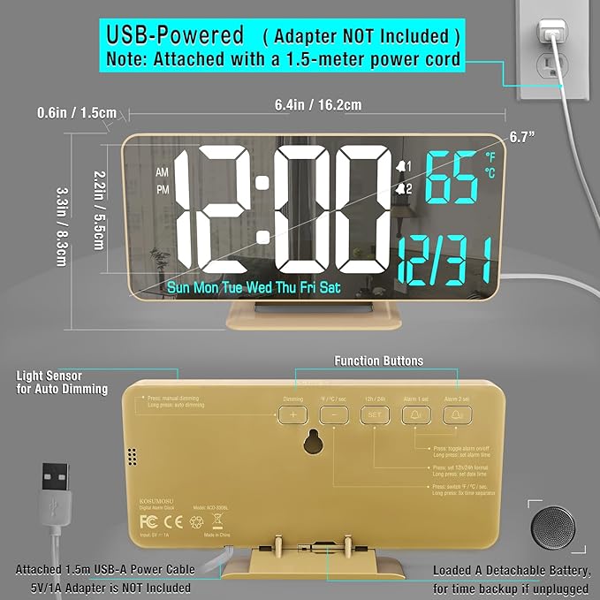 KOSUMOSU Dual Alarm Clock 6.7in Gold Desk Clock with Dimming, 12/24h, Seconds, Date, Day of Week, Temp, Digital LED Clock for Bedroom, Digital Calendar Clocks for Living Room Gold Desk Accessories