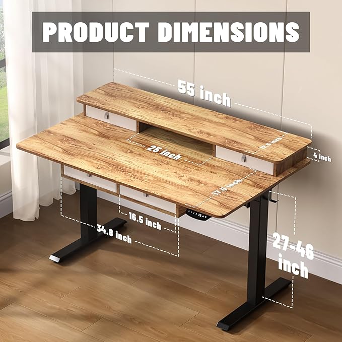 55 * 30 Inches Electric Standing Widened Desk Adjustable Height with 4 Drawers, Double Storage Shelves Stand Up Desk, Home Office Workstation Sit Stand up Desk (Light Rustic Brown)