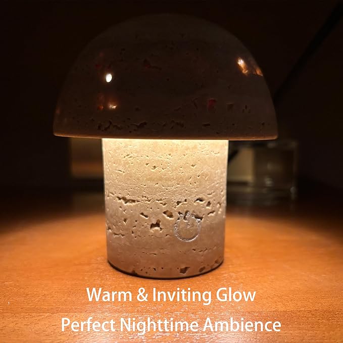 Natural Stone Mushroom Lamp - Handcrafted Travertine Night Light, Rechargeable with Type-C, Dimmable LED Accent Light for Bedroom & Living Room