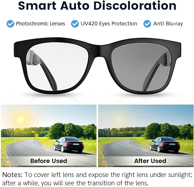 Smart Bone Conduction Glasses Bluetooth with Open-Ear Headphones, Photochromic Blue Light Blocking Lenses, IPX6 Waterproof, Hands-Free Calls/Music, Ideal Gifts for Dad/Men-Upgraded