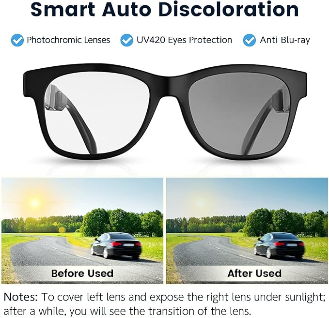 Bone Conduction Glasses, Open-Ear Headphones Bluetooth, Photochromic Sunglasses Anti Blue Ray, IP6 Waterproof Audio Glasses, Hand-Free Calling and Music, Smart Glasses for Women and Men