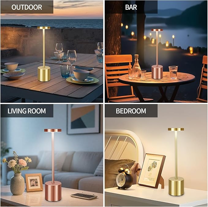 2 Pack Rechargeable Cordless Metal Table Lamps, LED Bedside Lamps with 3-Color Dimming, Portable Small Desk Lamps for Bedroom, Outdoor, Restaurant, Bar, Café, Camping Use