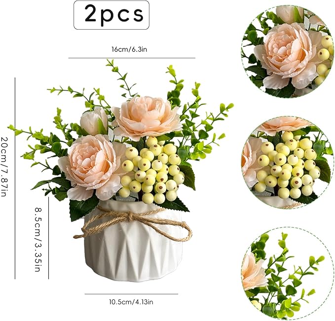 Faux Flowers with Vase, 2pcs Small White Artificial Flowers Arrangement, Potted Plants,Decoration for Bathroom Home Party Office Desk Wedding,Coffee Table Decor (White/Champagne)