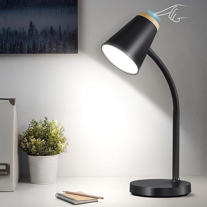 Desk Lamp for College Dorm Room - Small LED Desk Lamp Touch Dimmable Reading Light for Home Office - Adjustable Flexible Gooseneck Table Lamp for Bedside Bedroom Nightstand Black