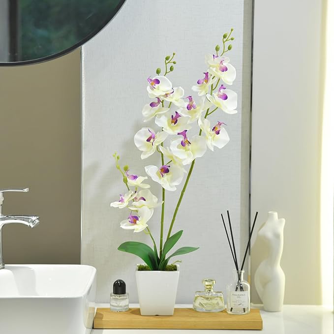 Faux Orchid in Vase Tall Artificial Orchid in Ceramic Vase Tall Silk Orchids with Stems Real Look Potted Fake Phalaenopsis Arrangement Centerpiece Table Decorations for Home Decor Indoor, White