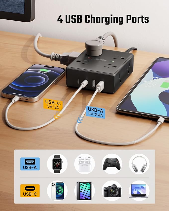 15Ft Extension Cord with Multiple Outlets, Flat Plug Power Strip Surge Protector with 15 Ft Long Cord, 8 Outlet 4 USB Ports (2 USB C), Desk Charging Station for Home Office, College Dorm Room