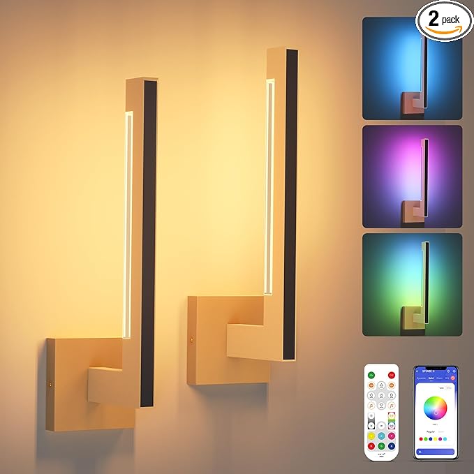 Modern Wall Sconces Set of 2, Gold Aluminum Wall Lights with Dimmable and Remote Control, 3000K and RGB Hardwired Wall lamp for Living Room, Bedroom, Bathroom, Hallway, 16 Inch