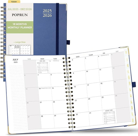 POPRUN Monthly Planner 2025-2026 Spiral Hardcover (8'' x 10''), 18 Months Calendar (Jul.2025 - Dec.2026)- 2 Pages per Month with Dotted Note Pages, Sunday Start, Laminated Tab - Navy Blue
