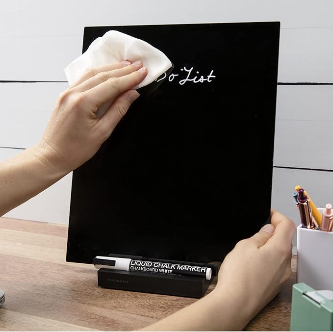 Acrylic Black Dry Erase Board with Stand – 10"x12" Desk Whiteboard for Office, Home or School – Reusable Desk Blackboard with Marker – Portable Chalkboard Easel for Notes, Reminders & to-Do Lists