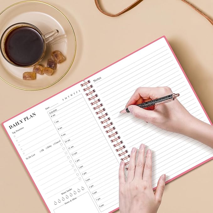 Daily Planner Undated - A5 To Do List Notebook Hourly Schedules, Spiral Appointment Planner for Women and Men, PVC Hardcover, Inner Pocket, Elastic Closure, 5.8" x 8.3", Pink