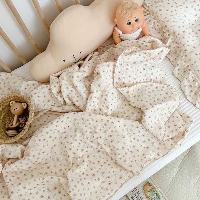 BuLuTu Muslin Cotton Girls Kids Toddler Blanket Pink Floral Blankets for Crib Toddler Bed Blankets Lightweight Children Nap Time Blanket for 1 2 3 4 5 6 Year Old Toddlers, 1 pc, 47"x51"