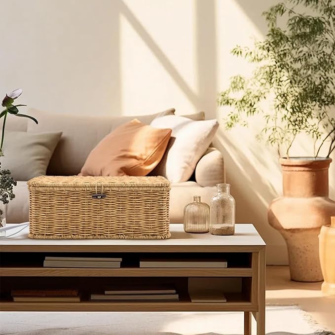 Handmade Cable Management Box – Stylish & Functional Cable Organizer with 2 Open Slots for Home & Office, TV Wires Computer Router USB Hub & Power Strip Rattan Cord Hider Box (Wood Color)